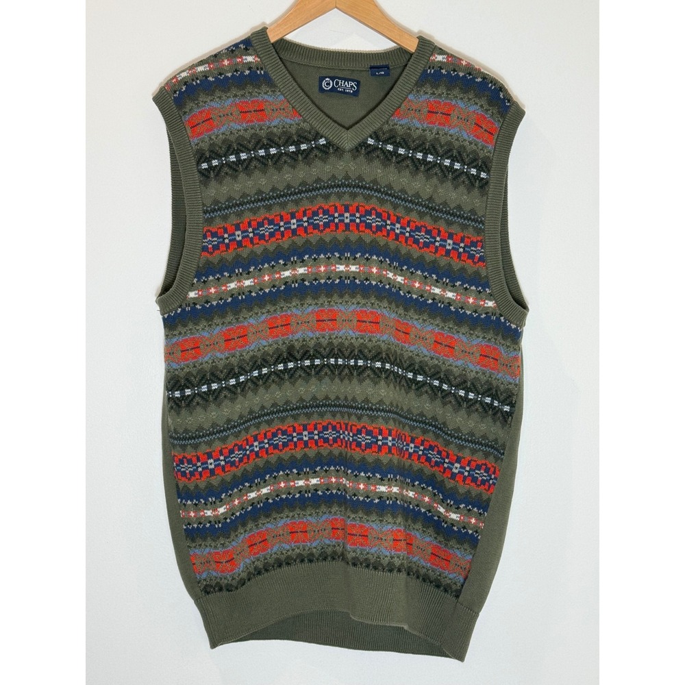 Chaps Sweater Vest Fair Isle Olive Green Cotton Mens Large Vtg Eclectic Grandpa
